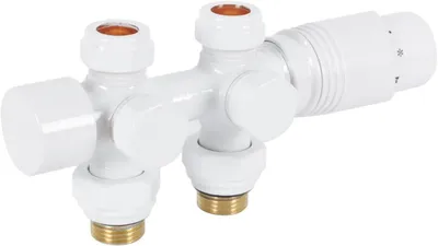 Produktbild von Klima- & Heizgeräte Zubehör Multiblock mit Thermostat für Heizkörper, 50 mm Nabenabstand, Messing-Chrom-Heizkörperventil mit Thermostatkopf (weiß)