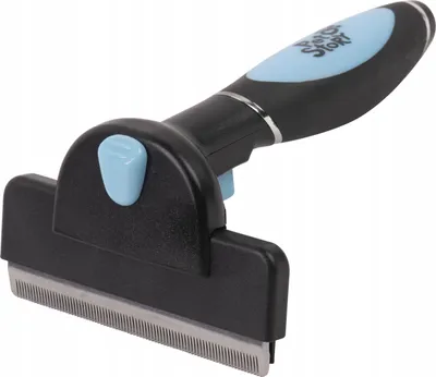 A pet grooming tool, specifically a deshedding brush, is shown against a white background.