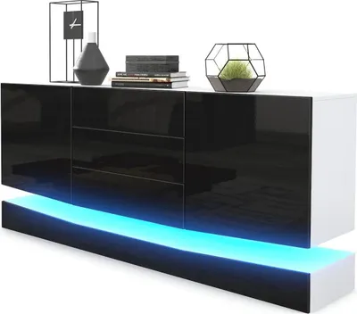 Produktbild von Vladon Sideboard City,  Germany, Weiß matt/Schwarz Hochglanz inkl. LED - Moderne Kommode für Ihr Wohnbereich (178 x 72 x 38 cm)