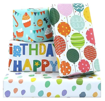 Produktbild von Omgoods – Set mit 4 bunten Geschenkpapieren für Kinder, ideal für Geburtstage