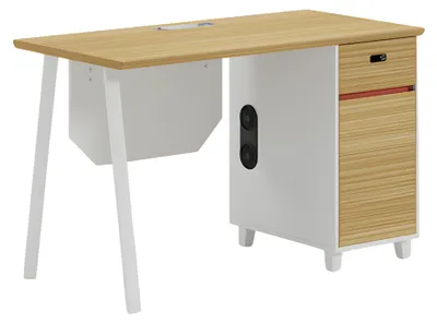 Produktbild von Schreibtisch Holzoptik mit Stauraum und weißen Beinen Modernes Büromöbel Design