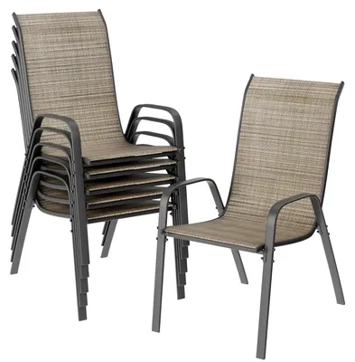 Produktbild von Gartenstühle 6er Set - Stapelbare Hochlehner mit Armlehnen - Textilene Sitzfläche - Metallgestell bis 150 kg - 54x69x93 cm - Leinenbraun