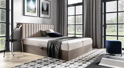 Produktbild von Kontinentales Bett 140x200 CHANTELLE 4 - dunkle Eiche / Beige + GRATIS Matratzenauflage