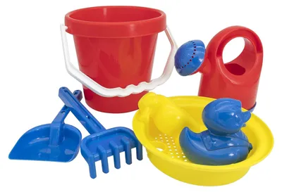 Produktbild von Sandspielzeug Sandspielset Sandkasten-Set - 7-teilig - Eimer, Gießkanne, Sieb, Förmchen, Harke und Schaufel - Ab 18 Monaten