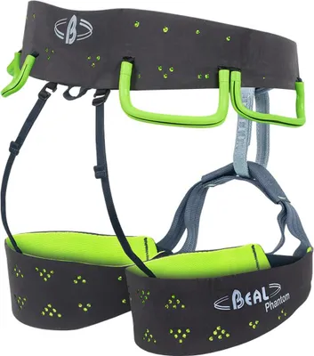 Beal Phantom Klettergurt in Schwarz mit grünen Akzenten; geeignet für Kletteraktivitäten.