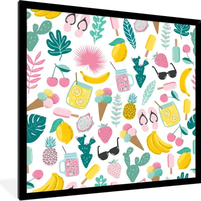 Produktbild von MuchoWow® Gerahmtes Poster Sommer - Elemente - Muster 40x40 cm - Poster mit Schwarzem Bilderrahmen Wandposter Rahmen Foto Bilder - Mit Rahmen - Wanddekoration Schlafzimmer