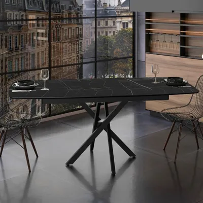 Immagine prodotto di Tavolo allungabile Filis piano effetto marmo nero e oro e gambe in metallo nero 145x90x76H