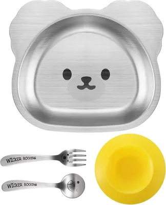 Image de Assiette en acier inoxydable 304 pour enfants, avec ventouse en silicone, ensemble de repas comprenant une cuillère et une fourchette, antidérapante, pour les tout-petits