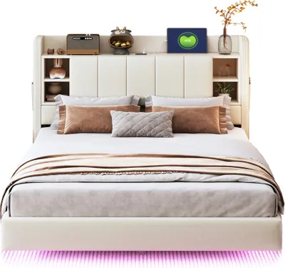 Produktbild von Polsterbett 140x200cm (ohne Matratze) Beige Mit USB Oplaadpunt Lichtbalk Wendbar Kopfteil