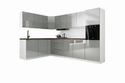 Produktbild von Winkelküche 320x200 cm Eckküche Küchenblock Einbauküche ohne Arbeitsplatte, Aspen KA24-M320, Grau/Hochglanz