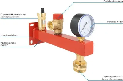 Productafbeelding van Veiligheidsgroep voor centrale verwarming, geschikt voor het installeren van een expansievat, met een veiligheidsventiel van 3 bar, een manometer van 0-4 bar en een snelaansluiting