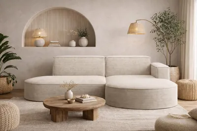 A modern living room with a sectional sofa, coffee table, and floor lamp.