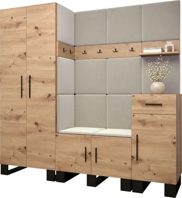 A modern entryway furniture set with a wardrobe, bench, and storage cabinets, featuring upholstered panels and a wood finish.