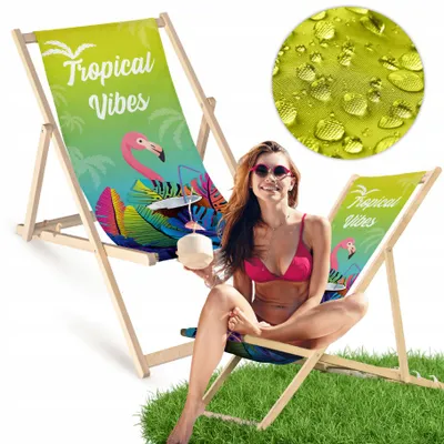 Produktbild von Liegestuhl klappbar aus Holz mit Tropical-Vibes Motiv – Klappstuhl Klappliege Sonnenstuhl Strandstuhl Gartenliege
