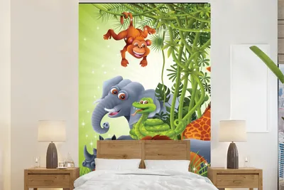 Produktbild von MuchoWow® Fototapete für Wohnzimmer oder Schlafzimmer Wandtapete Vinyl Motivtapete Dschungeltiere - Pflanzen - Kinder - Elefant - Giraffe - Löwe - 155x240 cm - Tapete