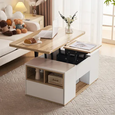 Produktbild von Abrihome Hebbarer Couchtisch mit 2 Schubladen, Tischplatte öffnet sich zu 2 Tischen