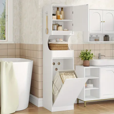 Image de Armoire de salle de bain haute avec panier à linge, porte, tiroir et étagère réglable, blanche, 40 x 40 x 174 cm