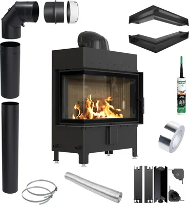 Produktbild von KRATKI LUCY links 14 kW Ø200 Eck SCHWARZ Kaminofen Einsatz Installationsset