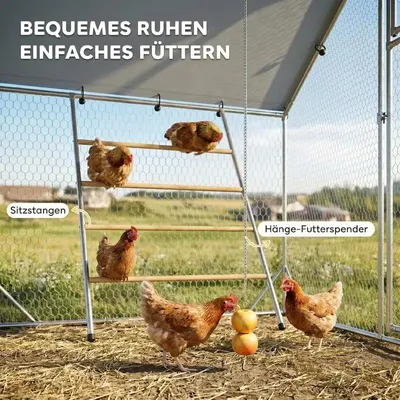 Produktbild von Hühnerstall - Freilaufgehege - Für 6–8 Hühner - UV-beständige Plane - Stahlgitter - Futterautomat