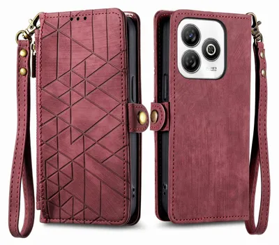 Produktbild von Für ZTE Blade A75 4G Geometric Design Kunstleder Zipper Book Wallet Tasche mit Schlaufe Rot