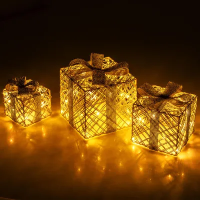 Produktbild von COSTWAY 3er Set LED Geschenkboxen, Weihnachtsdeko mit 48 warmweißen LEDs & abnehmbare Schleifen, beleuchtete Weihnachtsboxen, Weihnachtsdekoration