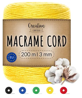 Obrázek produktu pro Creative Deco 3 mm x 200 m žlutá šňůra Macramé - bavlněná a polyesterová nit - tloušťka +/- 0,5 mm - dekorace Zahradní balení