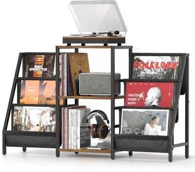 Image de Support de platine Unyqoos® avec espace de rangement pour jusqu'à 280 albums – 3 étagères, support pour vinyles réglable en 6 positions, structure en métal avec revêtement en poudre et étagères en bois massif, finition bois/noir