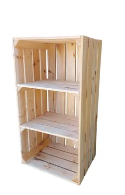 A wooden crate shelf unit with three shelves, shown against a white background.