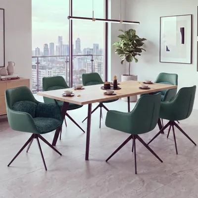 Imagen del producto de Juego de 6 sillas de comedor HWC-R23, sillas para cocina, sillas giratorias, tapizadas en cuero sintético y tela chenille (410 g/m²), color verde