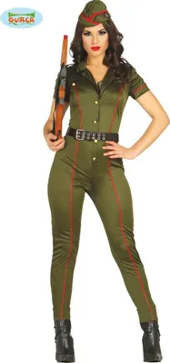 A woman in a military-style costume holding a toy rifle.