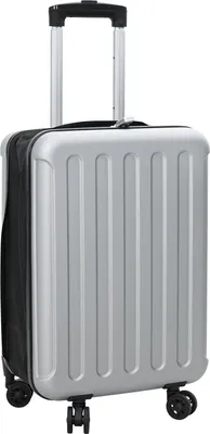 A silver suitcase with black fabric sides and a black handle, shown from the front.