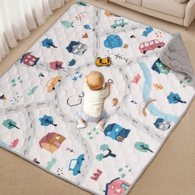 Produktbild von Comomy Baby-Spielmatte, Weiche Krabbelmatte aus Baumwolle, Faltbare Rutschfeste Boden Spielunterlage, Laufstallmatte, 180 x 200 cm, Graue Spur
