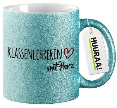 Produktbild von Huuraa Glitzertasse Klassenlehrerin mit Herz 330ml Blau Keramik Kaffeebecher Geschenkidee