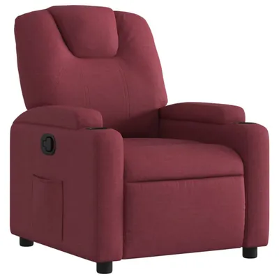 A burgundy recliner chair with cup holders and a side pocket, shown against a white background.