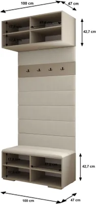 A wall-mounted coat rack and shoe storage unit with dimensions indicated.