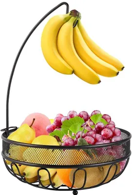 Produktbild von Ibenzoa® Obstkorb mit Bananenhaken, 2‑stöckiger Metall‑Drahtkorb, 3 erhöhte Füße, Ø 26,79 cm × H 34,99 cm – stilvolle Küchendekoration, Montage ohne Werkzeug