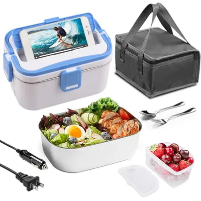 Obrázek produktu pro Ohřívatelný box na oběd, 1,8 l, 60 W, přenosný, nerezová ocel, 110/220 V + 12 V/24 V, duální napájení, vnitřní obložení z nerezové oceli, elektrická tepelná izolace