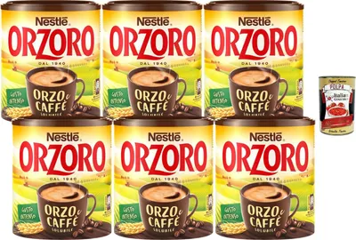 Produktbild von Italian Gourmet Orzoro Orzo & Kaffee Solubile 6 x 120 g, Instant Getränk aus Gerste & Kaffee, löslich für Tasse oder Latte, intensiver Geschmack, warm oder kalt + Italian Gourmet polpa