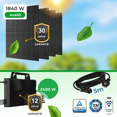 Produktbild von Balkonkraftwerk 1840W mit 2400W Wechselrichter WiFi Bluetooth Drosselbar 800W–2000W, 4 × 460 W Glas-Glas-Solarmodulen TOPCon, 5 m Schuko-kabel