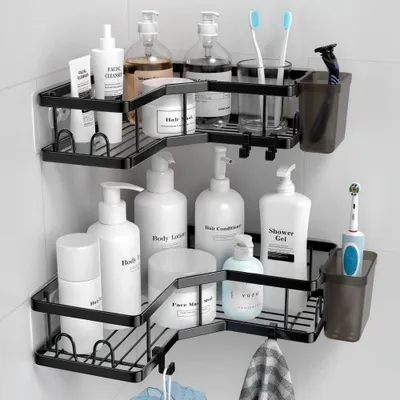 Produktbild von Duschablage ohne Bohren Rostfrei Schwarz Duschregal mit 4 Haken für Bad Küche Toilette,Badezimmer Regal Organizer