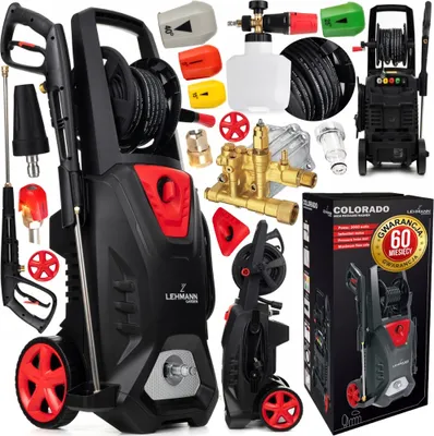 A collage of a pressure washer and its accessories, along with its packaging.