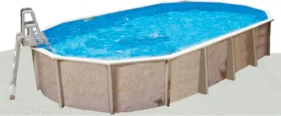An oval above-ground swimming pool with a ladder.