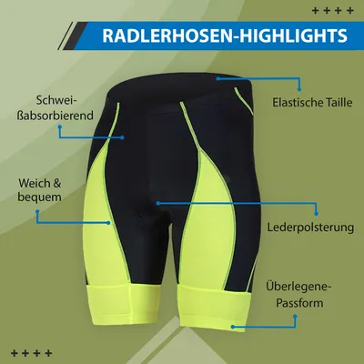 Produktbild von Radhose Fahrradhose Radlerhose Gepolsterte Coolmax (Polyesterfasern) Radler-Shorts Schwarz/Neongelb, Größe:XS