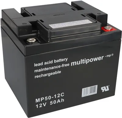 A black lead-acid battery with white text and logos.