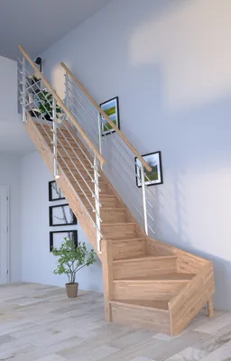 Produktbild von Holztreppe Rhodos in 1/4 gewendelter Ausführung links-Eiche-Design-Geländer-Edelstahl-beidseitig-mit Setzstufen