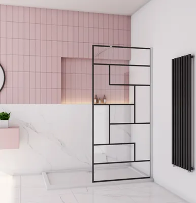 A modern bathroom with a walk-in shower, pink tiled wall, and marble accents.