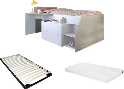 Produktbild von Bett mit Schreibtisch und Regalen - 90 x 190/200 cm - Farbe: Weiß und Natur + Matratze + Rahmen - GISELE
