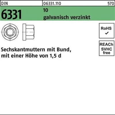 Produktbild von Sechskantmutter DIN 6331 Bund M16 SW 24 10 galv.verz. 10 Stück