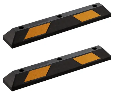 Produktbild von Wiltec Radstopper 90 x 15 x 10 cm, 2x Einparkhilfe aus Gummi, Parkplatzbegrenzung mit gelben Reflexionsstreifen & Schraubrillen, Parkplatzsperre für Garage