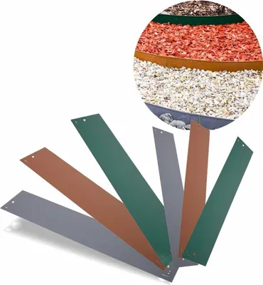 Several metal edging strips are fanned out in front of a circular inset image showing a garden bed with different types of mulch and gravel separated by edging.